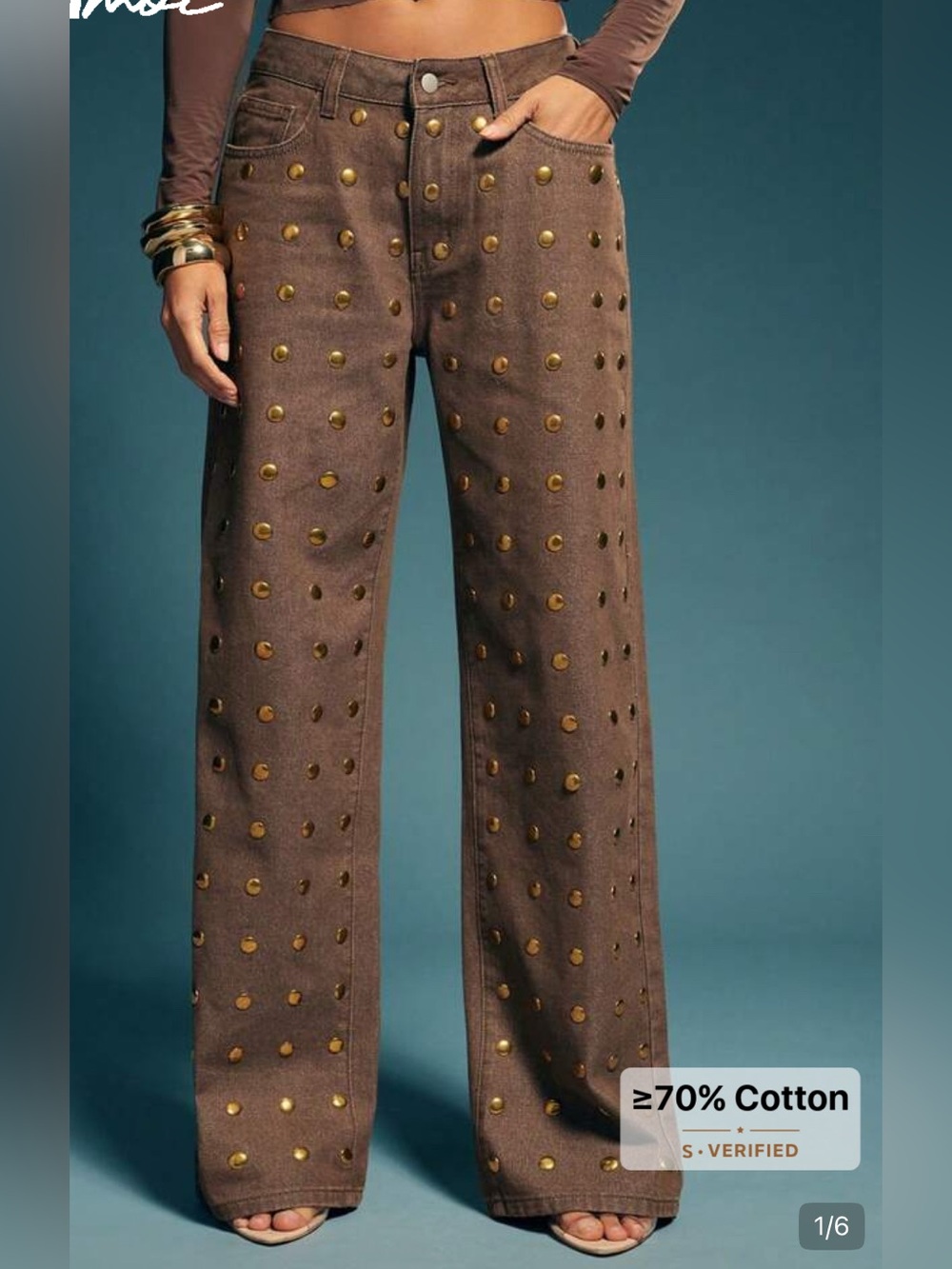 Studded High-Rise Wide-Leg Pants — Brown